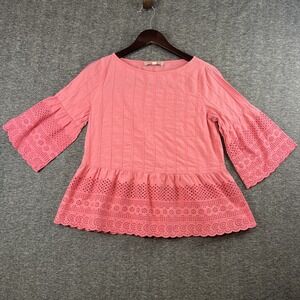Ann Taylor LOFT Blouse Womens‎ Size Small Solid Pink Lace Patterned Short Sleeve